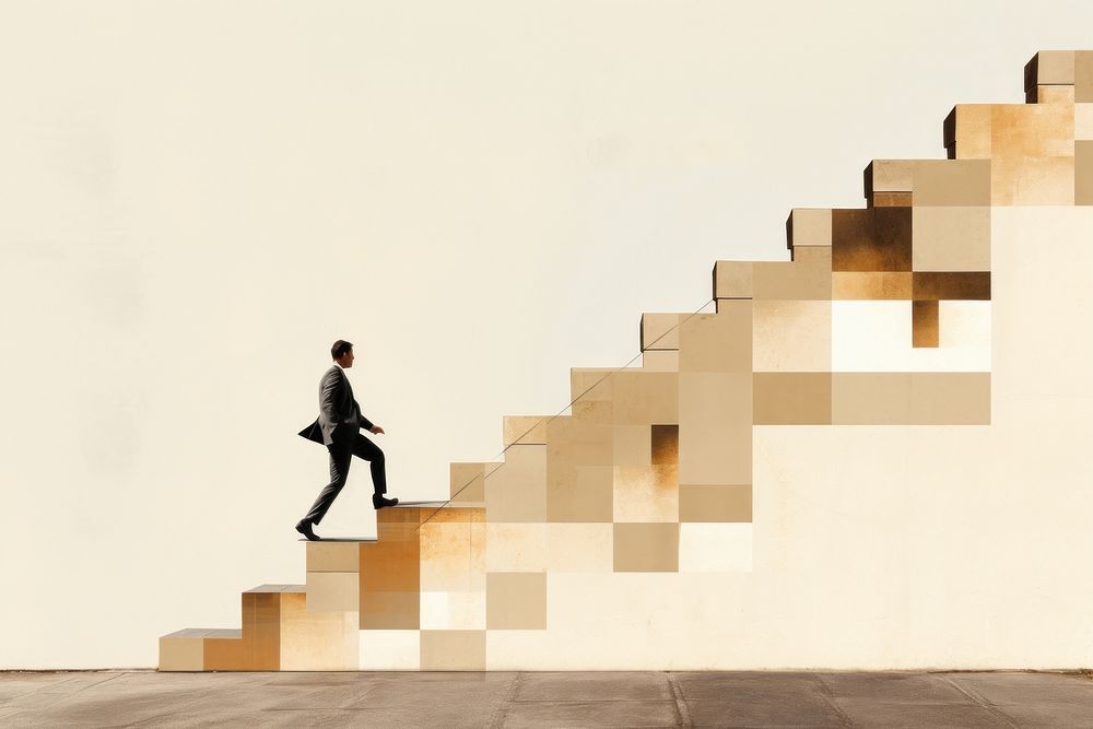 Businessman walking architecture staircase. 