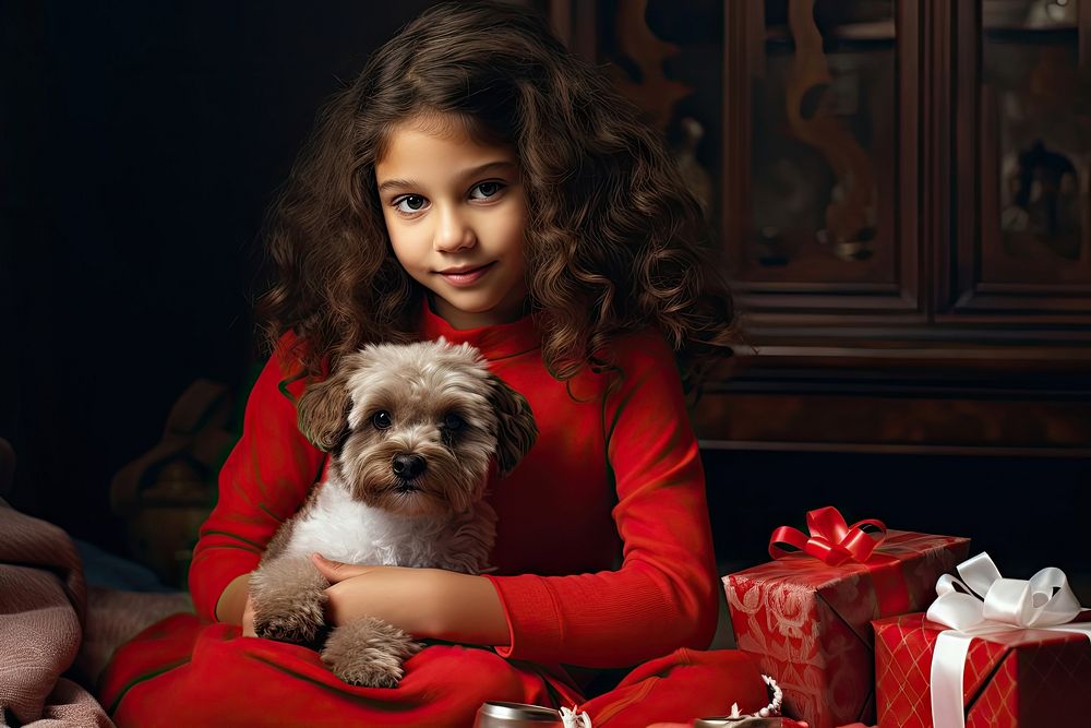 Little girl wearing red sweater puppy portrait mammal. AI generated Image by rawpixel.