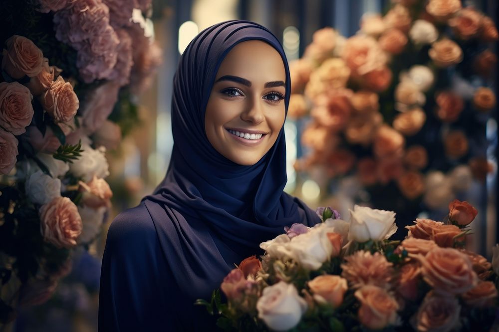 Middle East gorgeous woman flower smiling adult. AI generated Image by rawpixel.