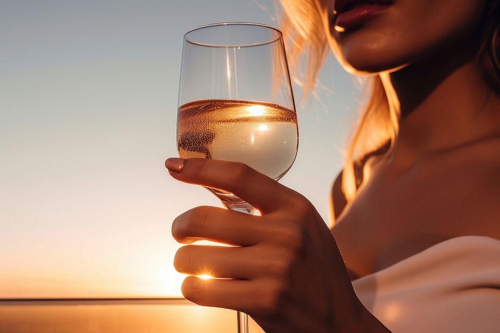 Champagne glass sunset drink. 