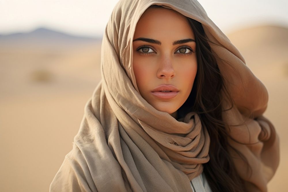 Middle East gorgeous woman portrait desert hijab. AI generated Image by rawpixel.