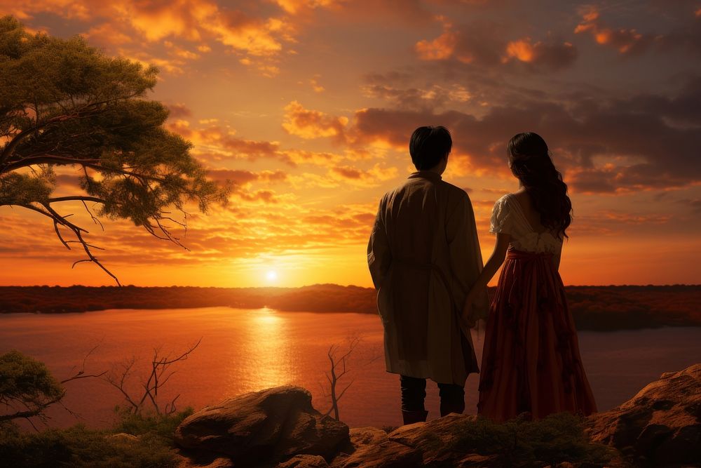 Asian couple sunset landscape outdoors. AI generated Image by rawpixel.