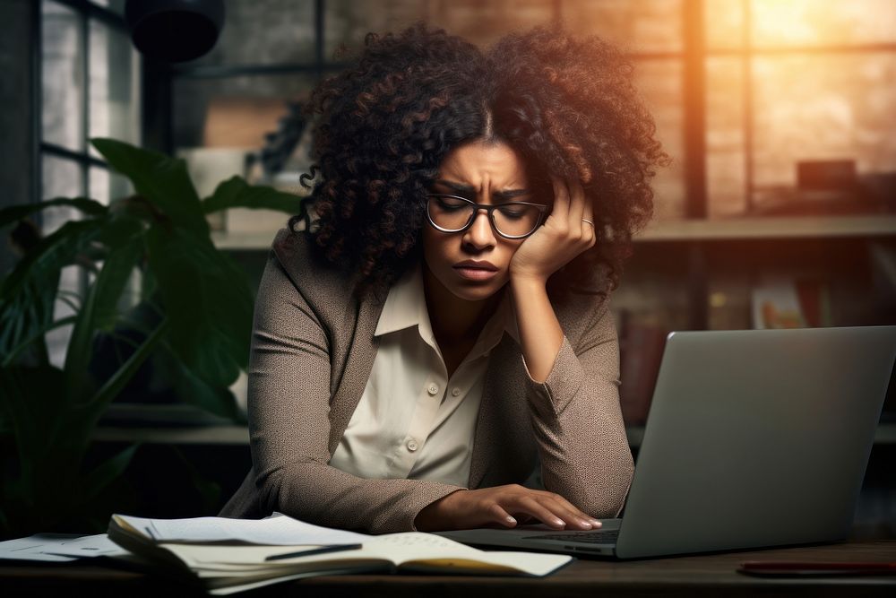 Black woman frustration computer worried. AI generated Image by rawpixel.
