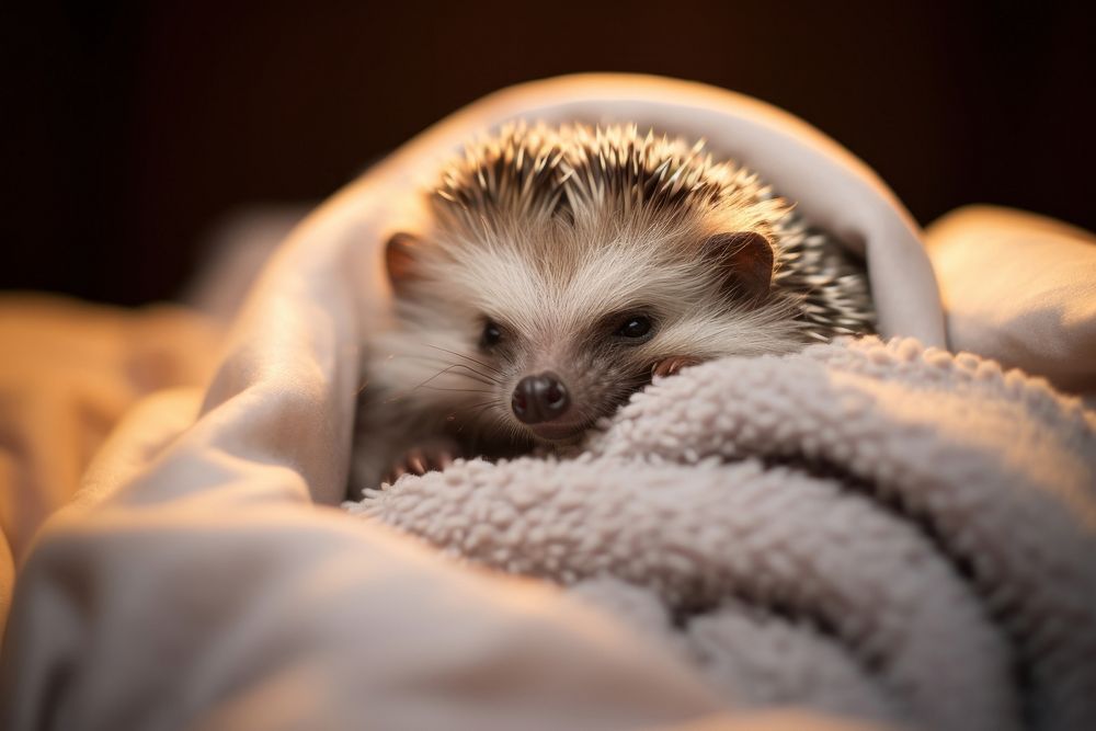 Sleeping Hedgehog hedgehog blanket animal. AI generated Image by rawpixel.