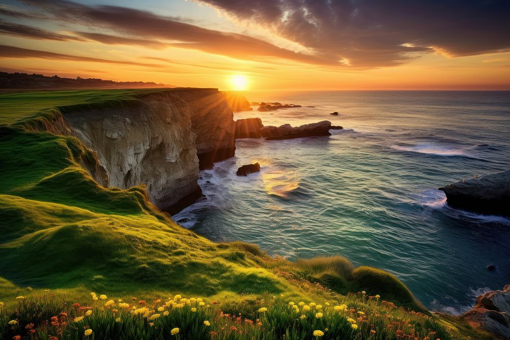 Sunset Sea cliffs sea landscape outdoors. AI generated Image by rawpixel.