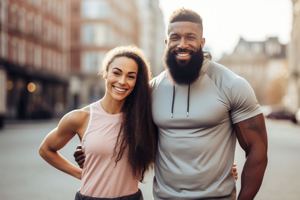 Couple stretching outdoors laughing sports adult. AI generated Image by rawpixel.