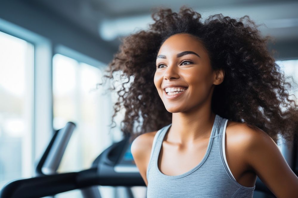 Happy american african woman treadmill smile happy. AI generated Image by rawpixel.