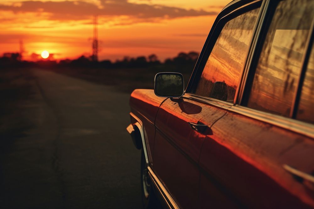 Retro car vehicle sunset road. AI generated Image by rawpixel.