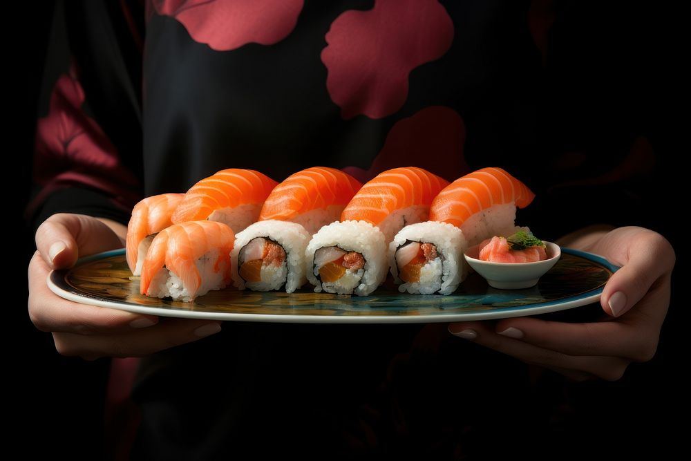 Close up a chopsticks holding sushi plate food rice. AI generated Image by rawpixel.
