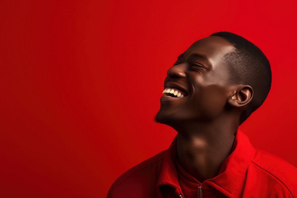Smiling black man laughing red red background. AI generated Image by rawpixel.