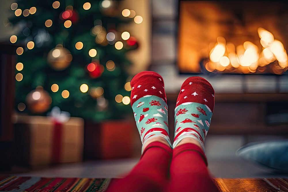 Christmas socks fireplace christmas tree illuminated. AI generated Image by rawpixel.
