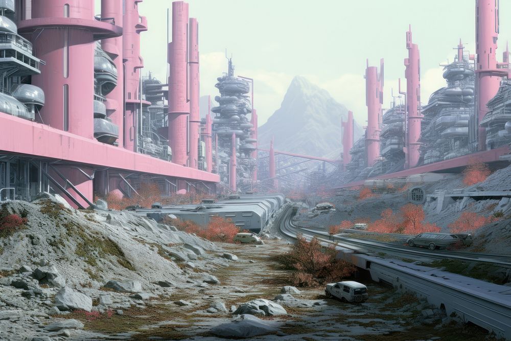 Vintage sci fi illustration architecture outdoors transportation. AI generated Image by rawpixel.