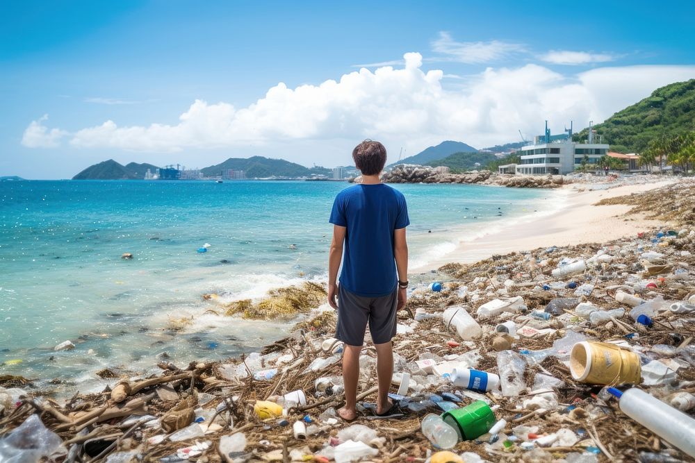 Standing garbage beach sea. AI generated Image by rawpixel.