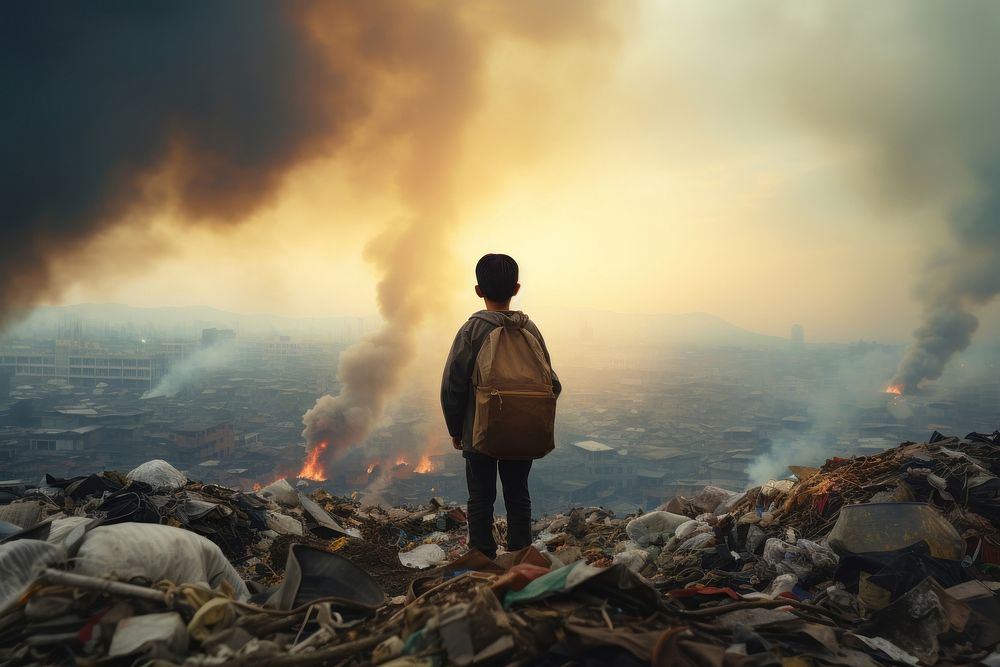 Pollution standing looking kid. AI generated Image by rawpixel.
