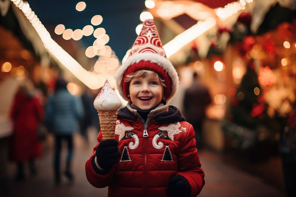 A kid having a christmas ice-cream photography outdoors glove. AI generated Image by rawpixel.
