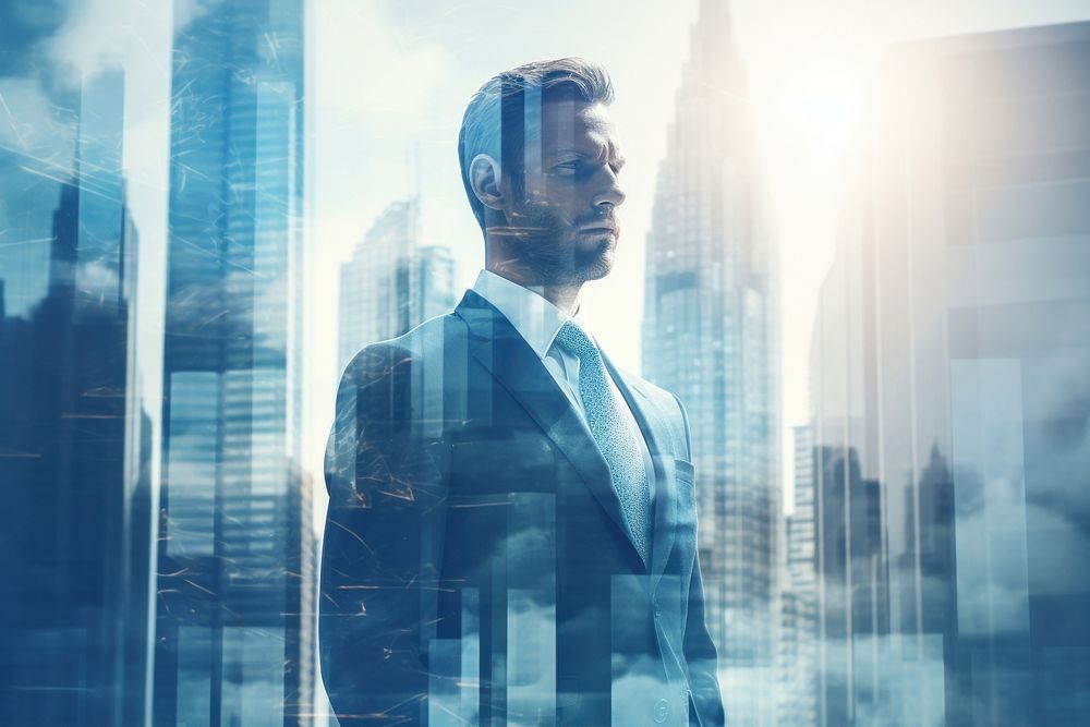 Businessman arms crossed city architecture skyscraper. AI generated Image by rawpixel.