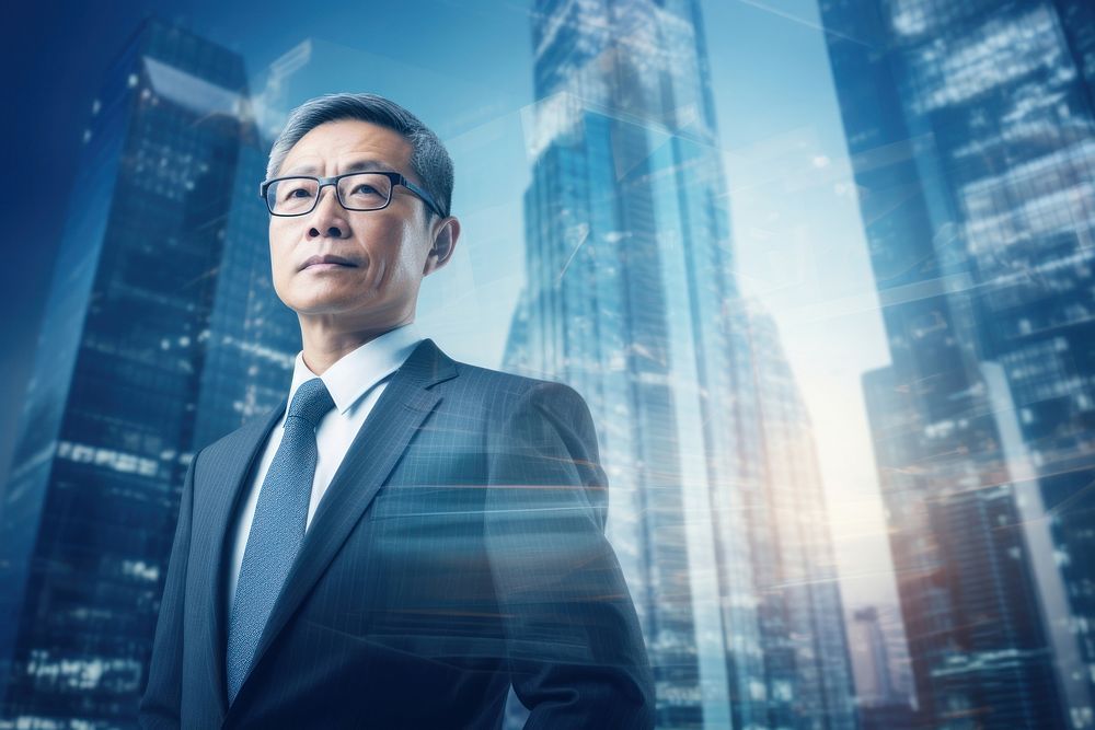 Asian senior businessman city architecture skyscraper. AI generated Image by rawpixel.