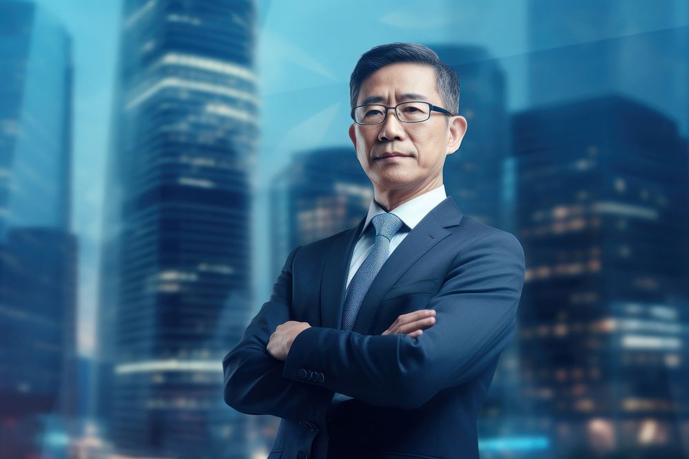 Asian senior businessman arms crossed city portrait glasses. AI generated Image by rawpixel.