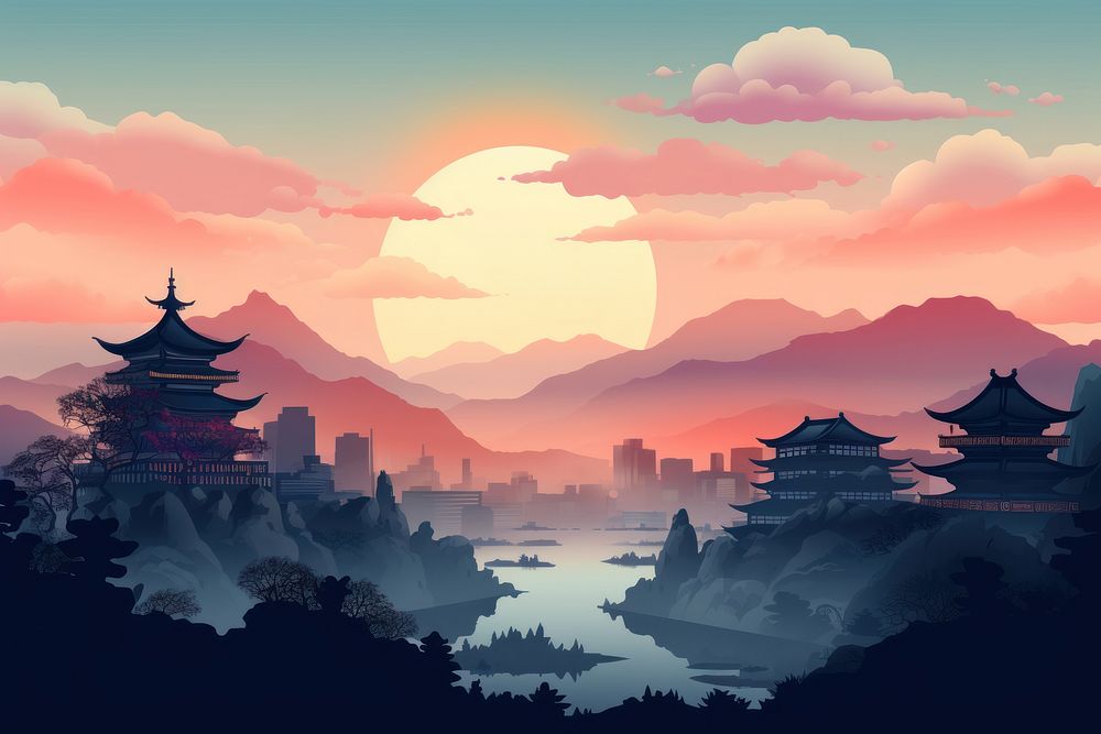 Asian city landscape outdoors sunset. AI generated Image by rawpixel.