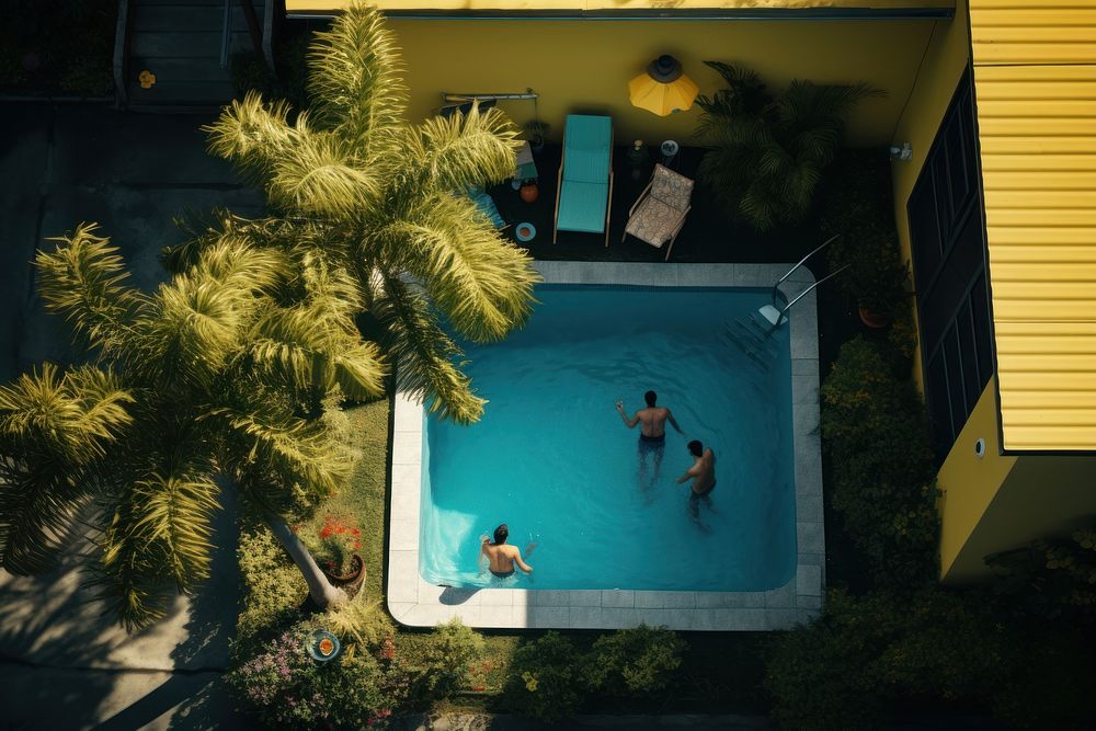 People enjoying themselves by being in the pool outdoors yellow plant. AI generated Image by rawpixel.