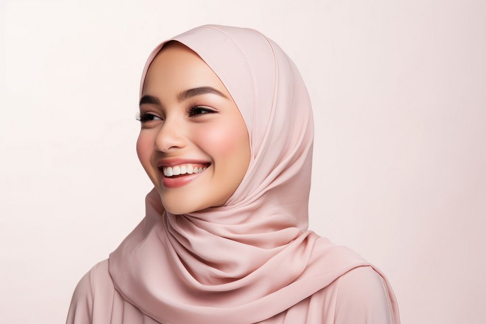 Muslim woman smiling portrait scarf smile. AI generated Image by rawpixel.