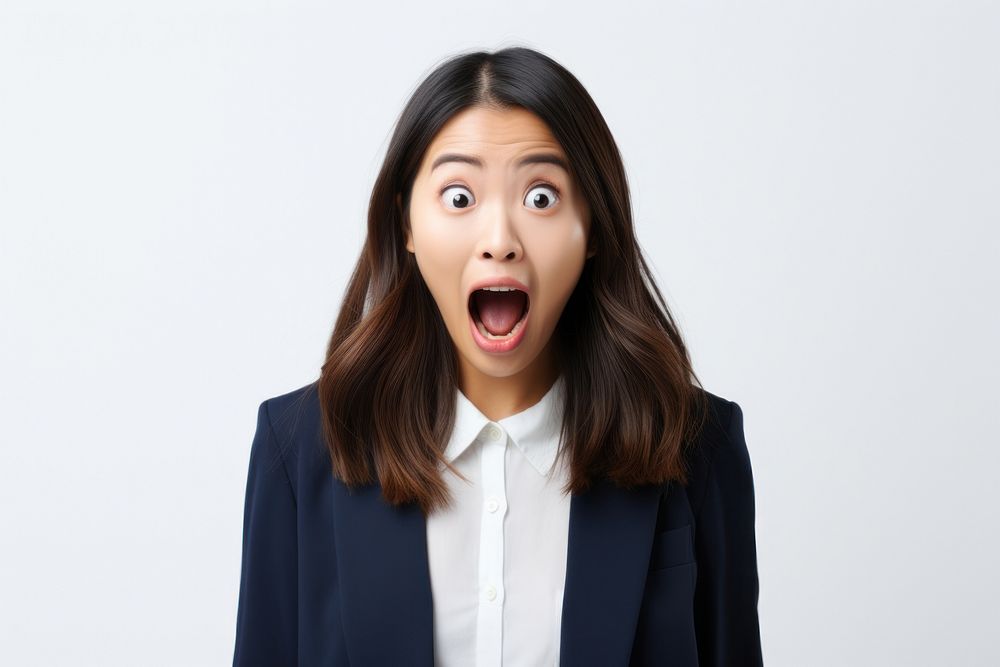 Asian woman surprised adult white background frustration. AI generated Image by rawpixel.