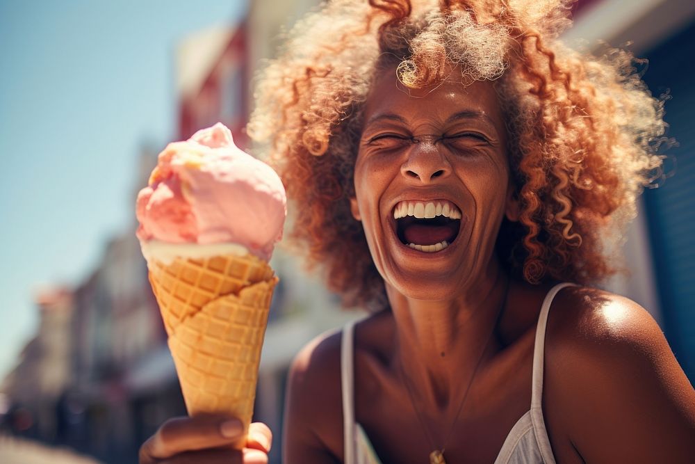 Brazilian woman laughing dessert eating. AI generated Image by rawpixel.