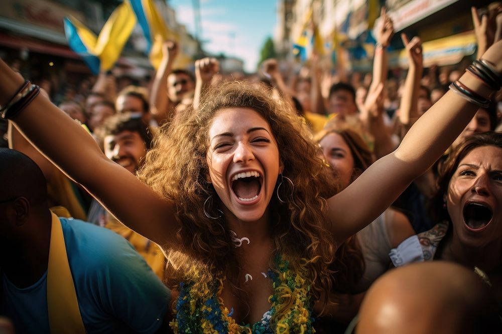 Brazillian woman celebrating laughing shouting. AI generated Image by rawpixel.