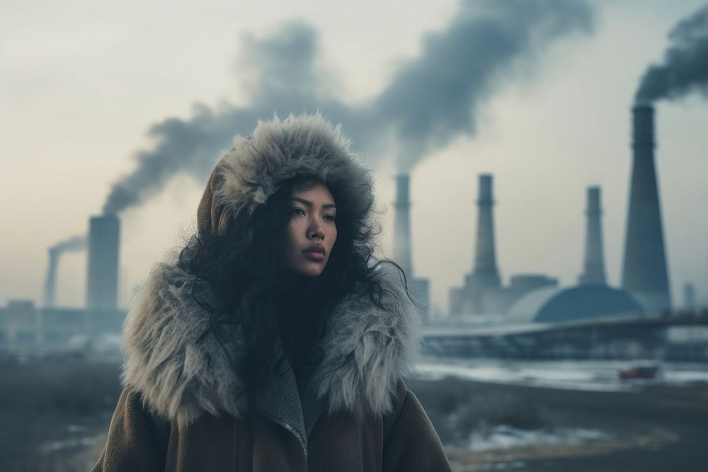 Chinese women wearing face maskand a fur coat pollution portrait outdoors. AI generated Image by rawpixel.
