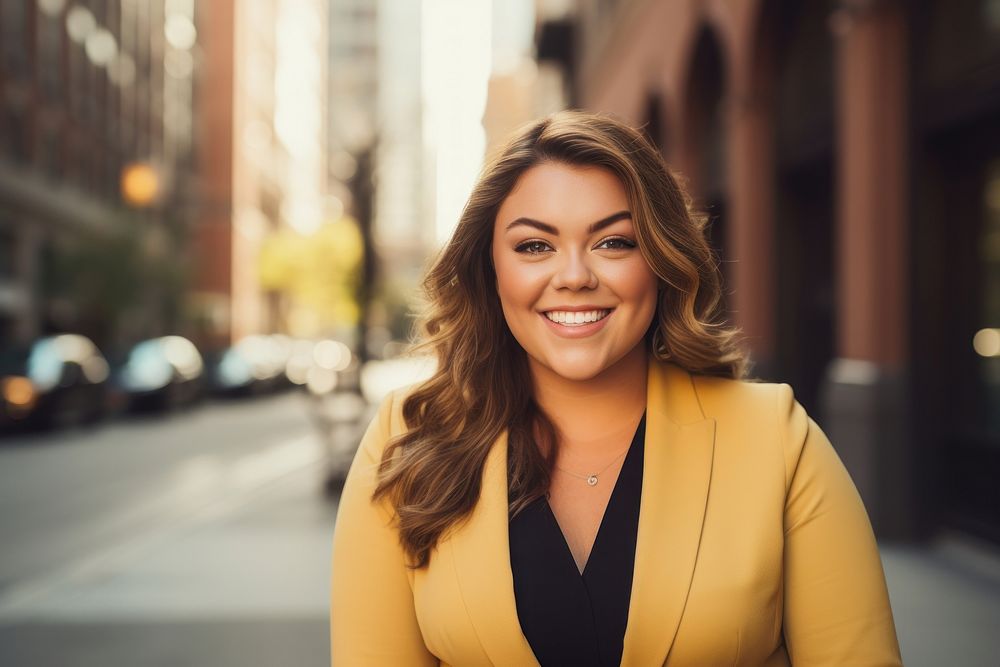 Chubby businesswoman smiling smile adult city. AI generated Image by rawpixel.
