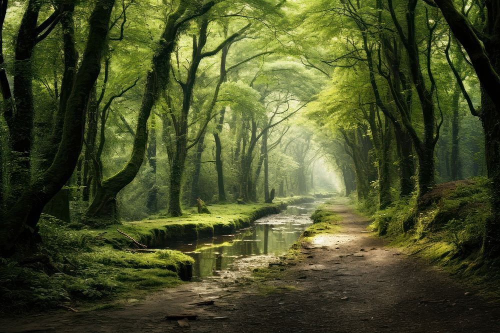 Green forest landscape outdoors woodland. 