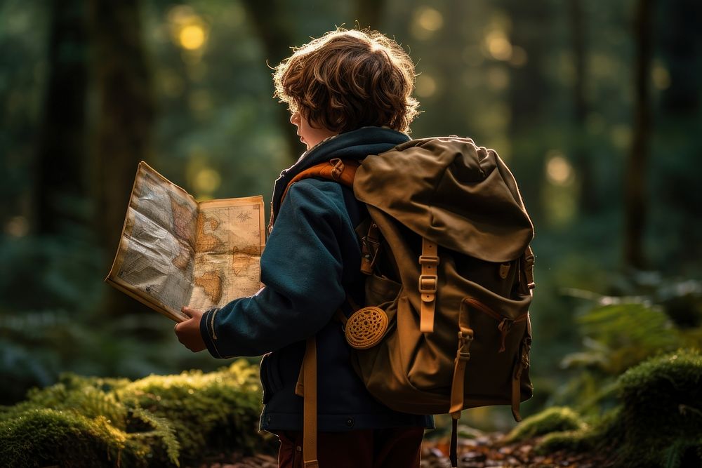 Adventure backpack looking forest. AI generated Image by rawpixel.