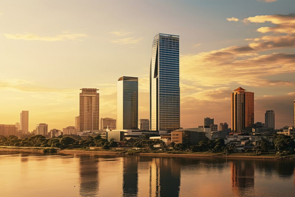 Riverside asian city skyscraper building architecture. AI generated Image by rawpixel.