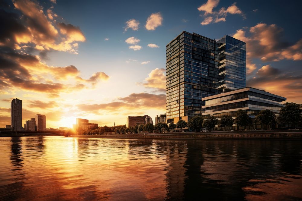 Riverside European city building sky architecture. AI generated Image by rawpixel.