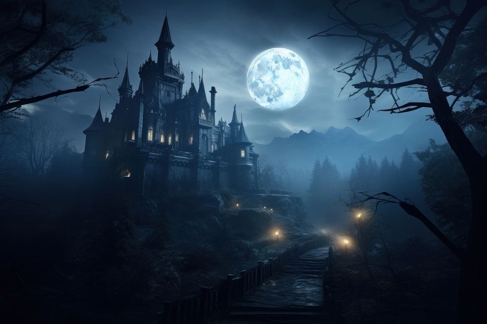 Spooky old gothic castle night architecture astronomy. 
