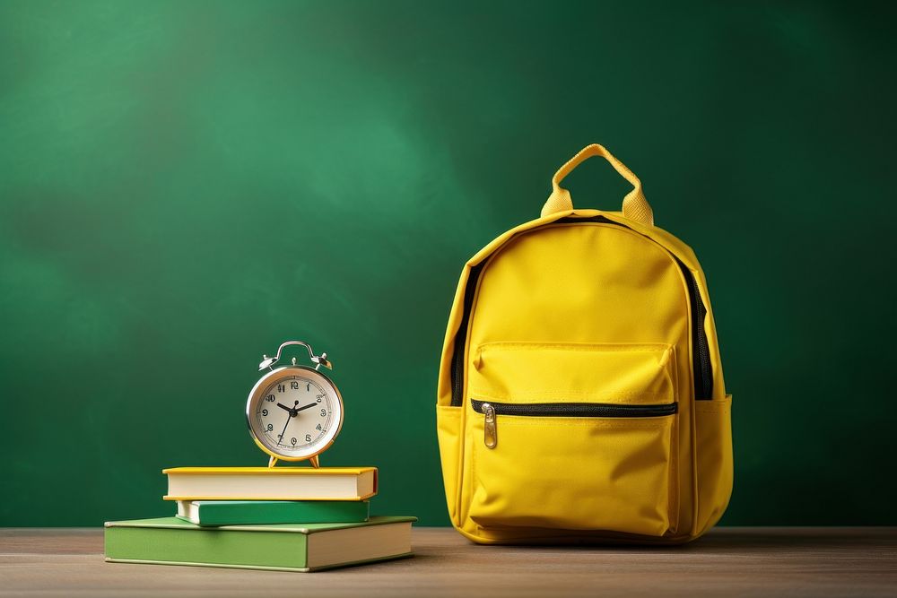 Yellow backpack with alarm clock and school equipment yellow green bag. AI generated Image by rawpixel.