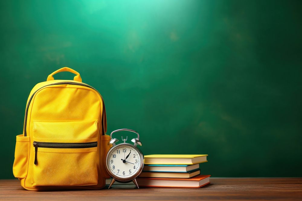 Yellow backpack with alarm clock and school equipment yellow table green. AI generated Image by rawpixel.