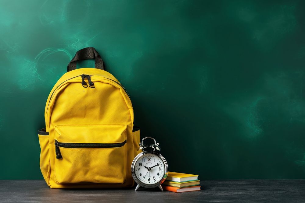 Yellow backpack with alarm clock and school equipment yellow green education. AI generated Image by rawpixel.