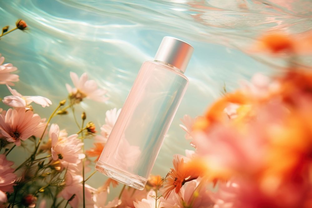 Hand press cosmetic bottle a bright background cosmetics underwater outdoors. AI generated Image by rawpixel.