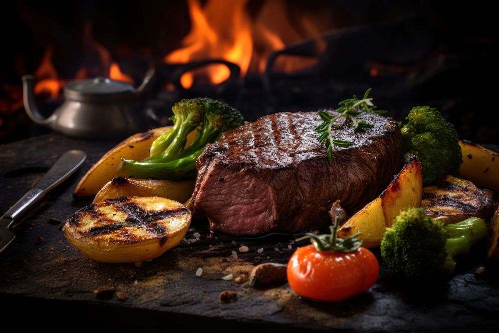 Succulent fillet steak and roast vegetables food meat beef. AI generated Image by rawpixel.
