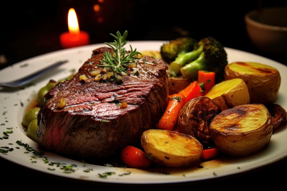 Succulent fillet steak and roast vegetables food plate meat. AI generated Image by rawpixel.