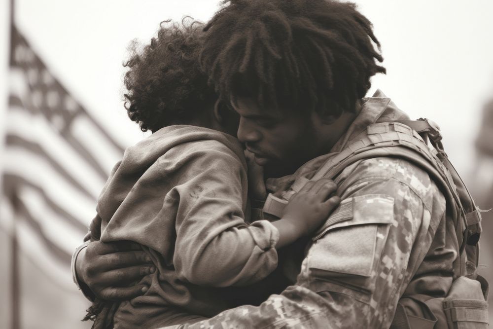 Patriotic serviceman embracing his child military hugging affectionate. AI generated Image by rawpixel.