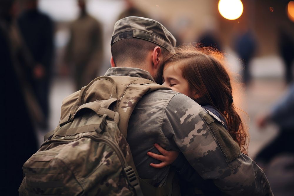 Patriotic serviceman embracing his child military adult affectionate. AI generated Image by rawpixel.