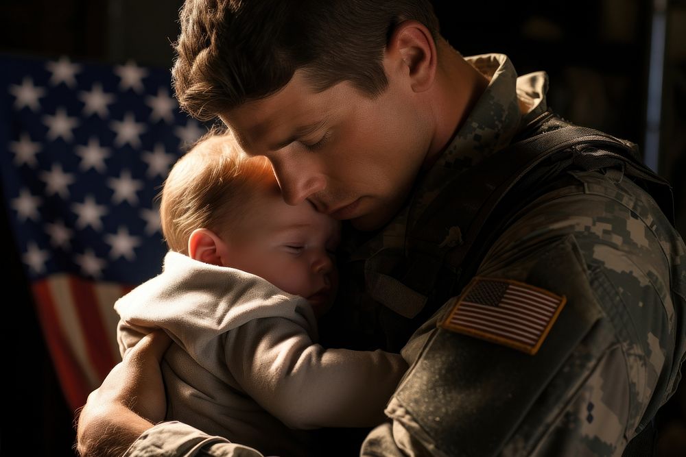 Patriotic serviceman embracing his child military portrait adult. AI generated Image by rawpixel.