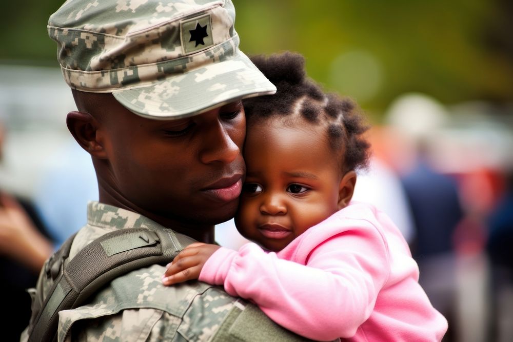 Patriotic serviceman embracing his child military portrait soldier. AI generated Image by rawpixel.
