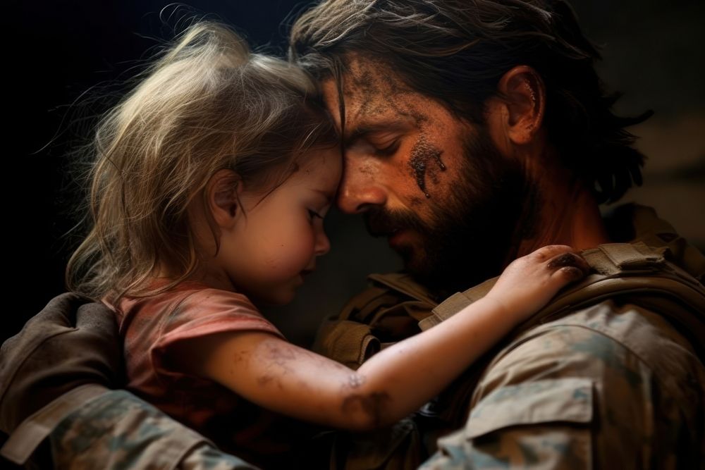 Patriotic serviceman embracing his child portrait hugging adult. AI generated Image by rawpixel.