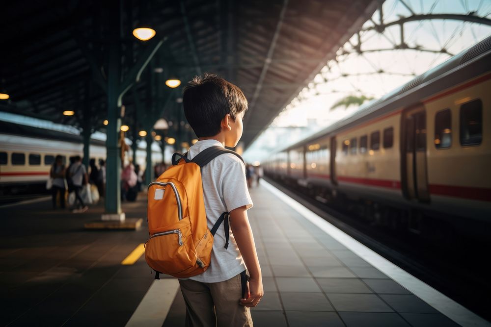 Indonesian boy in summer outfit at train station backpack railway vehicle. AI generated Image by rawpixel.