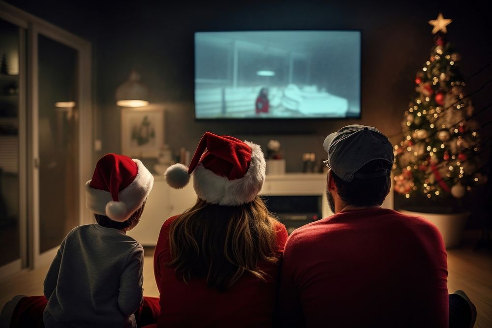 Family wearing santa hat watching movie television christmas screen. AI generated Image by rawpixel.
