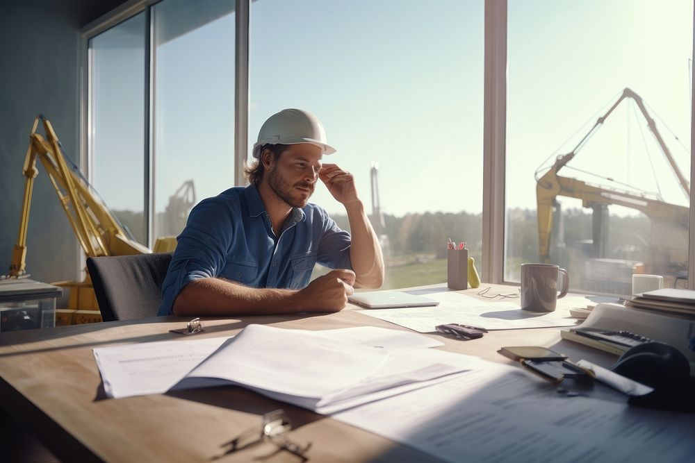 Construction looking sitting talking. AI generated Image by rawpixel.