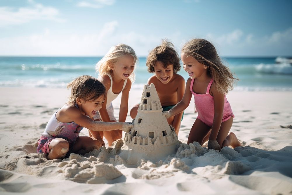 Kids playing sand castle beach outdoors child. AI generated Image by rawpixel.